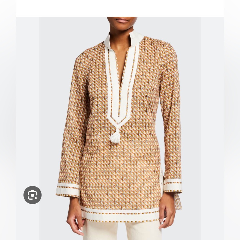 Tory Burch Geometric-Print Cotton Voile Tassel Tunic Size Medium